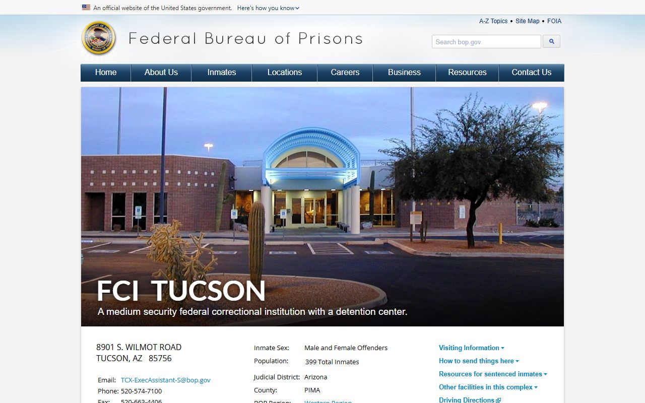 FCI Tucson BOP facility page and federal inmate search context