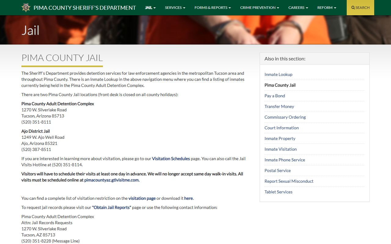 Ajo District Jail listed on the Pima County jail information page