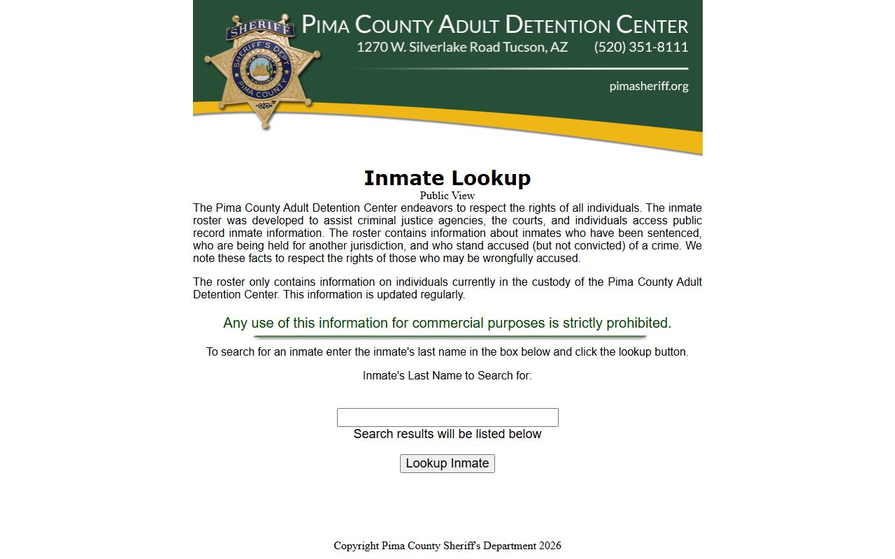 Pima County inmate population roster search form