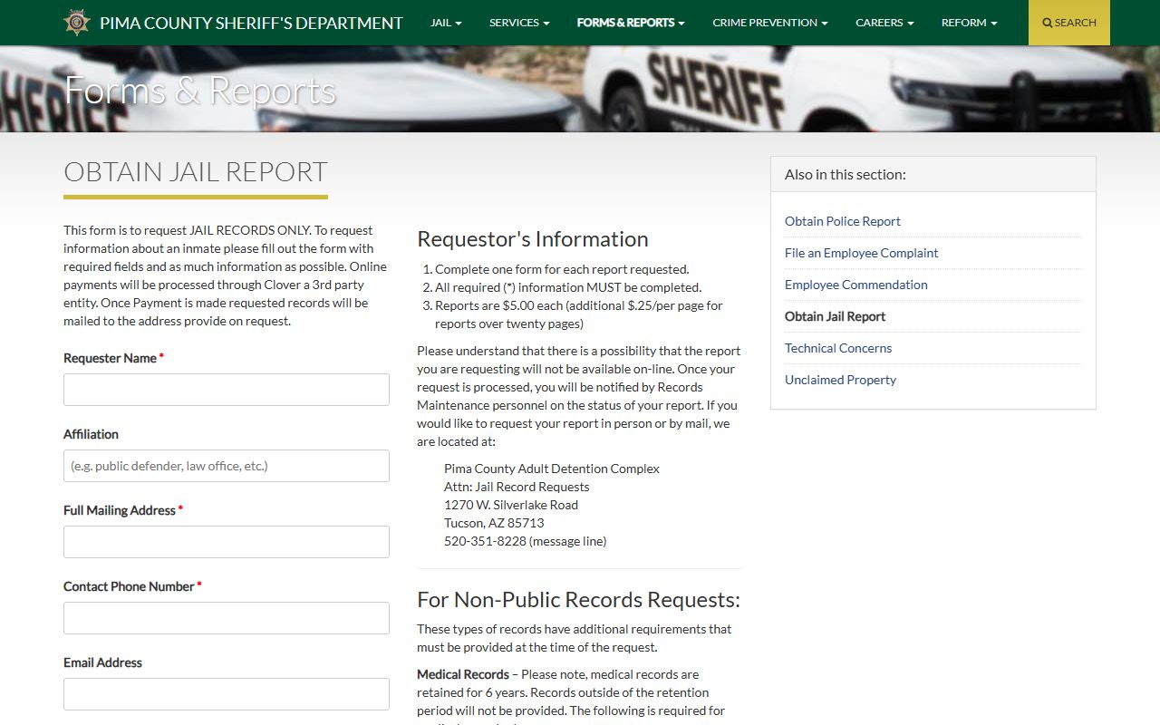 Pima County inmate records jail report request form