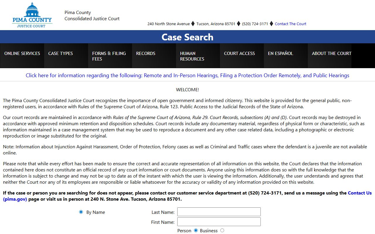 Pima County court records after arrest Justice Court case search