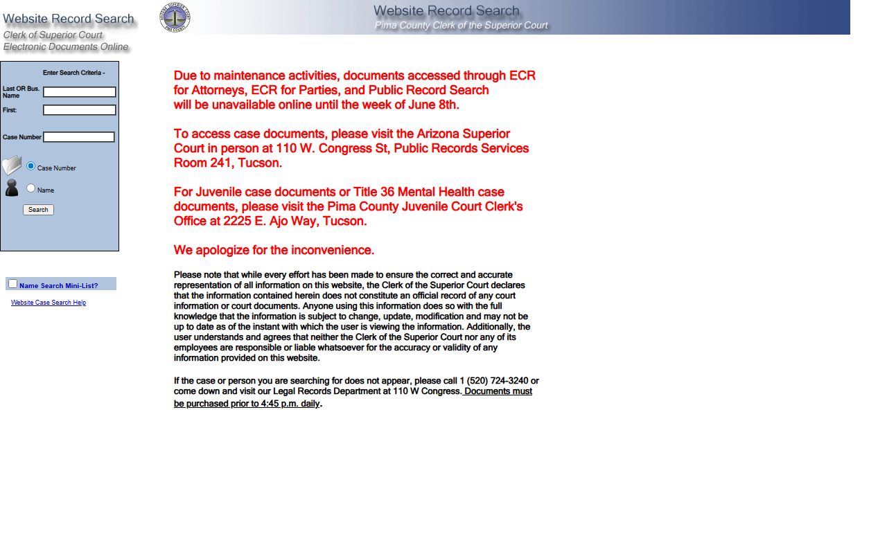 Pima County court records after jail arrest Superior Court public documents search