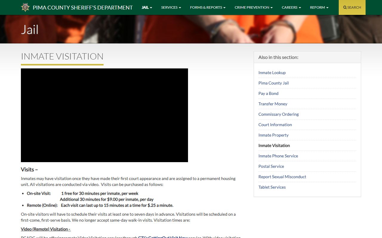 Pima County inmate records visitation schedule page