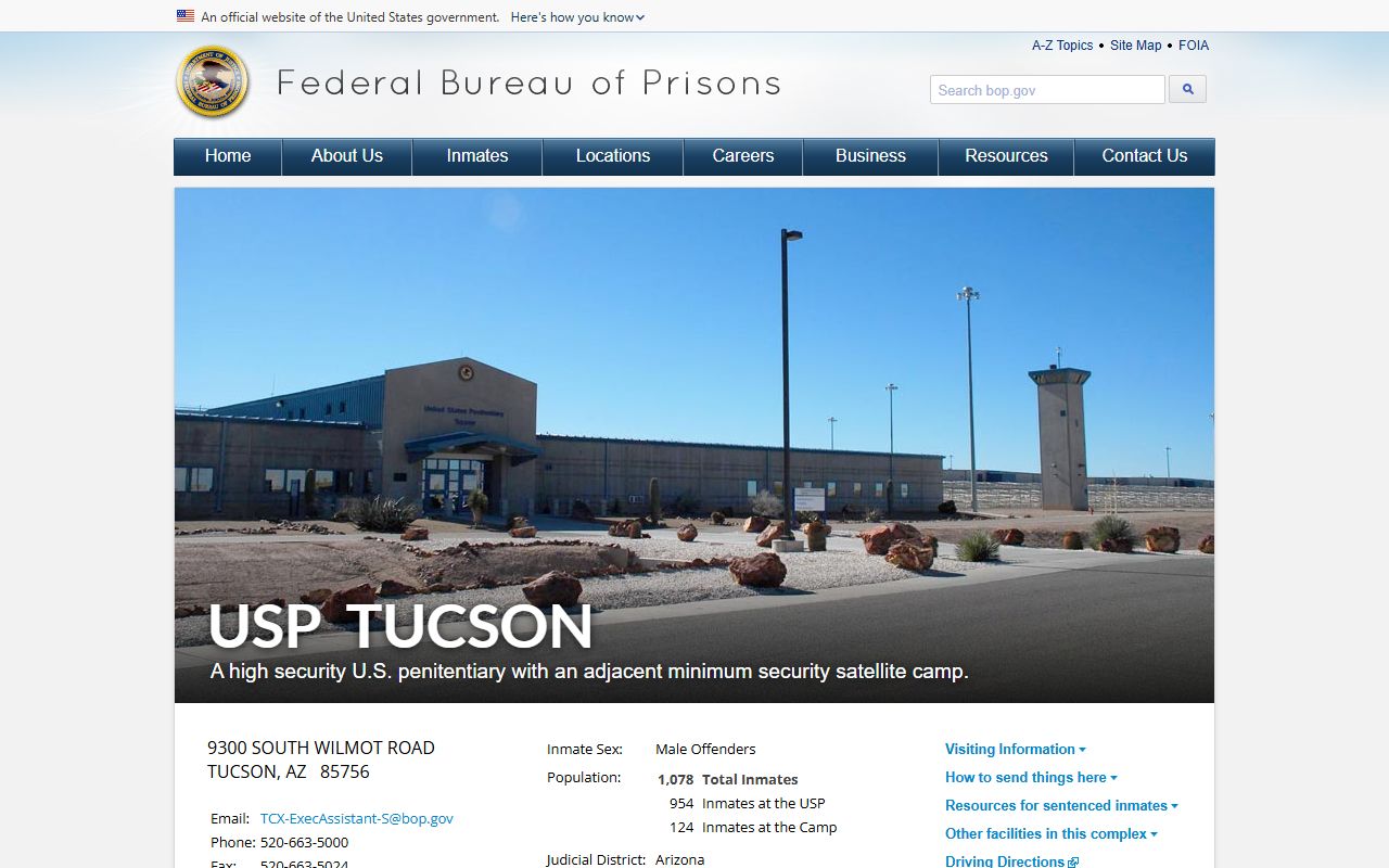 USP Tucson BOP facility page and federal inmate search information